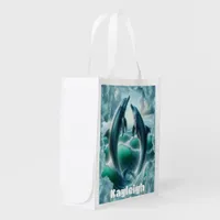 Monogram Blue Teal Dolphins Ocean | Grocery Bag