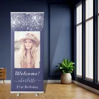 Birthday navy blue silver glitter dust photo retractable banner