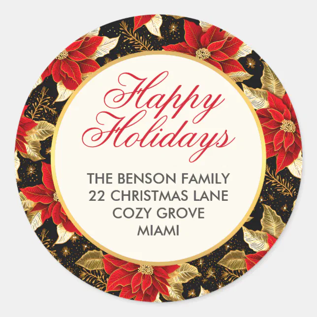 Red Poinsettia Flower Happy Holidays Christmas Classic Round Sticker