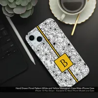 Hand Drawn White Floral Pattern Yellow Monogram iPhone 15 Plus Case