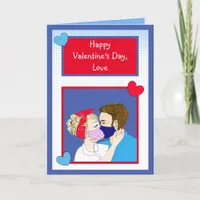 Retro Couple Kissing with Facemasks Valentines Day Card