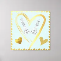 Gold Hearts King and Queen Chess Pieces on Blue | Canvas Print