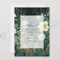 Forest Green, White and Gold Floral Wedding Invitation
