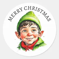 Merry Christmas | Vintage Little Boy Elf Classic Round Sticker