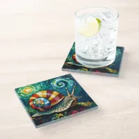 Vibrantly Colorful Impasto Whimsical Snail Glass Coaster