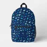 Blue raindrops custom monogram and name printed backpack