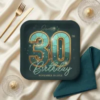Modern Emerald Green Gold Typography 30th Birthday Paper Plates