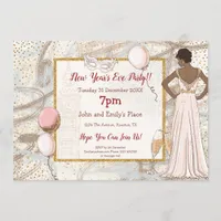 Glam Lady Gold Confetti Champagne New Year Party Invitation