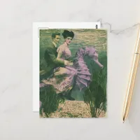 Cute Vintage Couple on their purple seahorse Postcard
