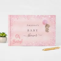 Baby Shower pink teddy bear glitter girl Guest Book