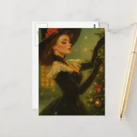 Adorable Vintage Witch Decorates the Yule Tree Postcard