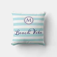 Beach Vibes Monogram Striped Light Blue White Throw Pillow