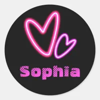 Neon Pink Hearts Name Classic Round Sticker