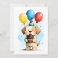 Cute Puppy Dog & Cupcake Kid's Happy Birthday Flat Card