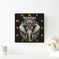 Floral-patterned elephant in nature square wall clock