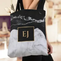 Modern Black White Marble Texture Gold Monogrammed Tote Bag