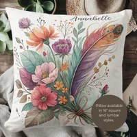 Coral and Green Feathers and Flowers Throw Pillow