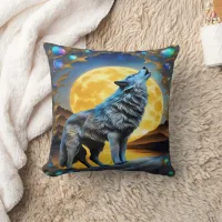 Ethereal Wolf Howls Under a Full Moon Throw Pillow