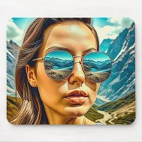 Beautiful Woman in Sunglasses Mountain Reflectoin Mouse Pad