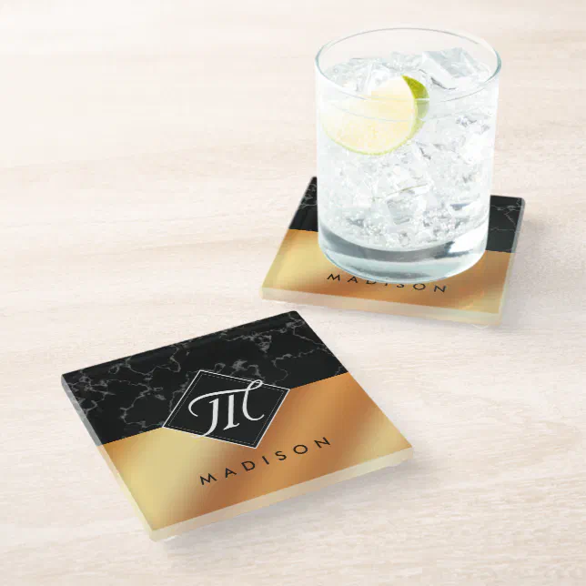 Elegant Black Marble & Copper Foil Script Monogram Glass Coaster