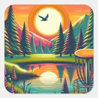 Retro Disc Golf Sunset and Trees Square Sticker