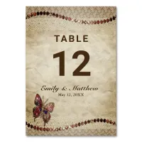 Antique Parchment, Lace, Beads, Butterfly Wedding Table Number