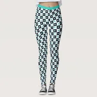 Turquoise Black White Stars Square Pattern Fitness Leggings