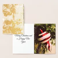 Rustic Christmas Ornament and Greenery on Fence Foil Card