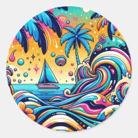 Fun Whimsical Psychedelic Sailboat  Classic Round Sticker