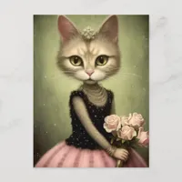 Adorable Cat Holds Pink Roses Postcard