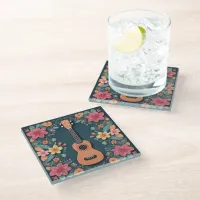 Ukulele Tropical Flowers Musical Instrument Pretty Glass Coaster