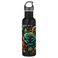 Beautiful Steampunk Themed Gears and Roses Stainless Steel Water Bottle