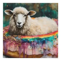 Sheep on a Rainbow Color Floating Doughnut Faux Canvas Print