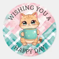 Wishing You a Happy Day | Cute Cat Classic Round Sticker