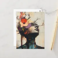 Abstract Face and Flowers Postcard