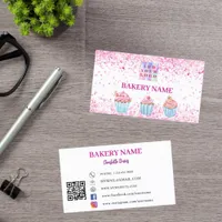 Bakery pink cupcakes pastry QR code logo Business Card