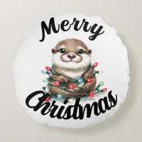 Adorable Christmas Otter Round Pillow