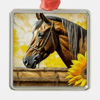 Horse and Sunflower Beautiful AI Art  Metal Ornament