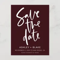 Burgundy Handwritten Calligraphy Save the Date Announcement Postcard