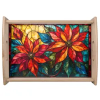 Two Poinsettia Blossoms Stained Glass Style Serving Tray