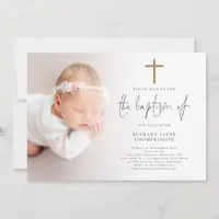 Modern Photo Gold Glitter Cross Baptism Invitation