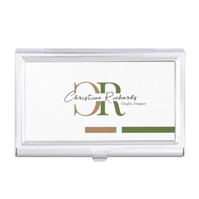 Simple Modern Olive Green Gold Monogram Business Card Case