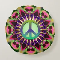 Groovy Pink Alien Peace Sign Round Pillow