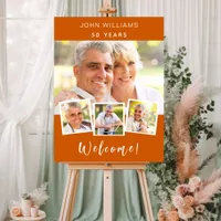 Photo collage burnt orange birthday party welcome foam board