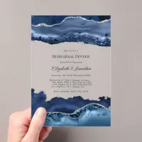 Faux Glitter Navy & Silver Agate Rehearsal Dinner Acrylic Invitations