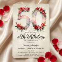 Elegant Vintage Red Rose Watercolor 50th Birthday Invitation