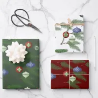 Christmas Ornaments Hunter Green & Burgundy Wrapping Paper Sheets