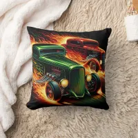 Classic hot rod race under fiery skies at dusk throw pillow