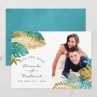 Teal and Gold Tropical Wedding Save the Date Invitation