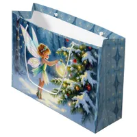 Fairy decorating a Christmas Tree Cottage Core Large Gift Bag